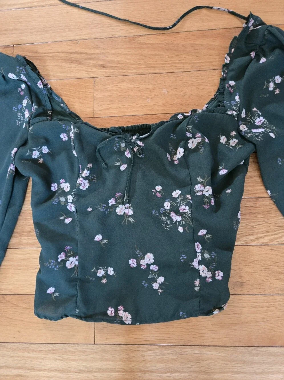 Abercrombie & Fitch Dark Green Floral Puff-Sleeve Crop Top